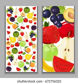Vector fruit and berry banners. Design for juice, tea, ice cream, jam, natural cosmetics, sweets and pastries filled with fruit, dessert menu, health care products.