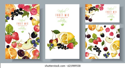 Vector fruit and berry banners set with seamless pattern. Design for juice, ice cream, natural cosmetics, sweets and pastries filled with fruit, dessert menu, health care products. With place for text