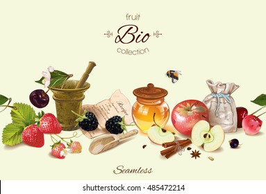 Borde cosmético de frutas vectoriales y bayas con miel y mortero. Diseño para cosméticos naturales, productos sanitarios, aromaterapia, homeopatía, libro de recetas. Con lugar para texto