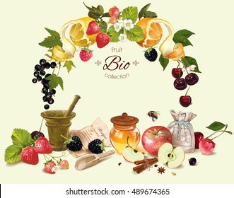 Vector Fruit And Berry Cosmetic Composition With Fruit Wreath . Design For Natural Cosmetics, Health Care Products, Aromatherapy, Homeopathy, Recipe Book. With Place For Text