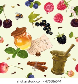 Vector fruit and berry cosmetic seamless pattern with honey and mortar. Design for natural cosmetics, health care products, aromatherapy, homeopathy, grocery. With place for text
