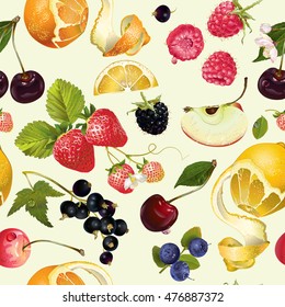 Vector fruit and berry seamless pattern. Background design for juice, tea, ice cream,natural cosmetics, sweets, pastries filled with fruit, dessert menu, health care products. Best for wrapping paper