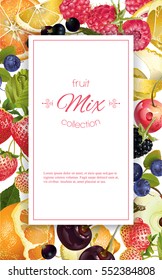 Vector fruit and berry vertical banner on white background. Design for juice, sweets and pastries filled with fruit, dessert menu, health care products. With place for text.