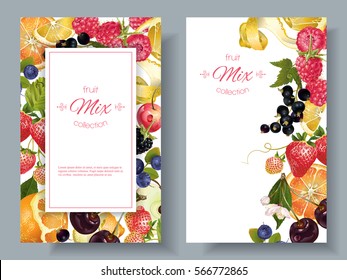 Vector fruit and berry vertical banners on white background. Design for natural cosmetics, sweets and pastries filled with fruit, dessert menu, health care products. With place for text