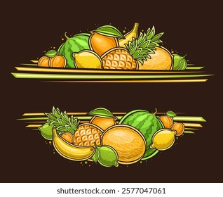 Vector Fruit Border with copy space for ad text, decorative frame with cartoon design green and yellow fruit composition, horizontal border with many variety ripe tropical fruits on black background