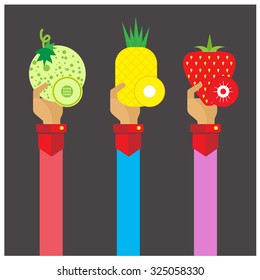 vector fruit Cantaloupe, pineapple, strawberry icon hand and arm long