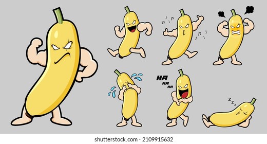 Vector fruit character design for graphic designer make card, website, banner, brochure, leaflet, placard, and print. Set contains banana in various pose and emotion 