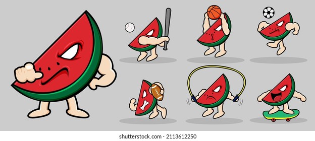 Vector fruit character design for graphic designer make card, website, banner, brochure, leaflet, placard, and print. Set contains watermelon in various pose and emotion 