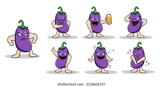 Vector fruit character design for graphic designer make card, website, banner, brochure, leaflet, placard, and print. Set contains eggplant in various pose and emotion