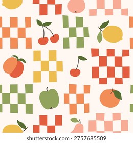 Vector fruit checkered seamless pattern. Decorative colorful checkers and fruits seamless  texture. Repeating design for fabric, wallpaper or wrapping paper.