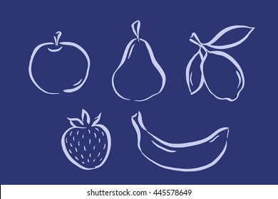 Vector fruit collection: apple, pear, lemon, strawberry and banana. Hand drawn food illustration. 