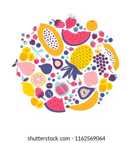 Vector fruit collection with  berries, tropical fruits and citrus. Cartoon fruit illustration.