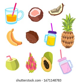 Vector fruit collection with pineapple, banana, papaya, glasses, coconut, dragon fruit. Summer exotic set of design objects in cartoon flat style. For stickers, prints, logos, labels, icons, menus
