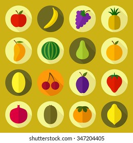 Vector fruit colorful icons. Apple, banana, grapes, pineapple, mango, watermelon, pear, orange, melon, cherry, plum, strawberry, pomegranate, kiwi, persimmon, lemon.