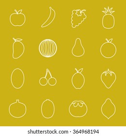 Vector fruit colorful icons. Apple, banana, grapes, pineapple, mango, watermelon, pear, orange, melon, cherry, plum, strawberry, pomegranate, kiwi, persimmon, lemon.