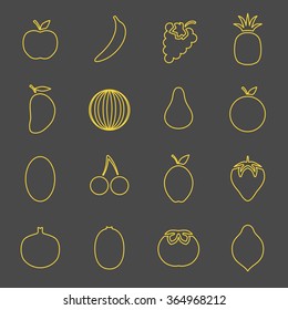 Vector fruit colorful icons. Apple, banana, grapes, pineapple, mango, watermelon, pear, orange, melon, cherry, plum, strawberry, pomegranate, kiwi, persimmon, lemon.
