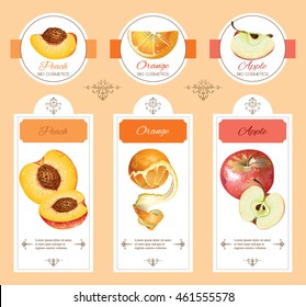 Vector fruit cosmetic banner with peach, orange and apple. Design for natural cosmetics, beauty store, perfume, organic health care products, grocery, homeopathy, aromatherapy