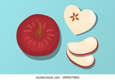 vector of fruit cut and slice in heart 
shape. Idea for Valentine's Day ,  Healthy eating. Apple isolated on blue background