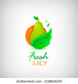 Vector fruit, eco, farm food logo. Pear with leaves. Use for packaging, identity, web, ad. 