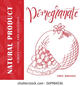 Vector fruit element of pomegranate. Hand drawn icon with lettering. Food illustration for cafe, market, menu design