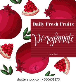 Vector fruit element of pomegranate. Hand drawn icon with lettering. Food illustration for cafe, market, menu design