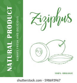 Vector fruit element of ziziphus. Hand drawn icon with lettering. Food illustration for cafe, market, menu design