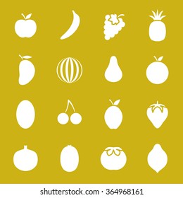 Vector fruit flat icons. Apple, banana, grapes, pineapple, mango, watermelon, pear, orange, melon, cherry, plum, strawberry, pomegranate, kiwi, persimmon, lemon.