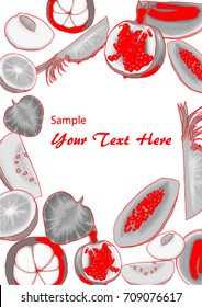 Vector fruit frame, black and white, red stripes for background design, graphic, illustration, text