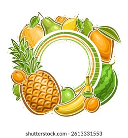 Vector Fruit Frame with copy space for ad text, decorative square placard with cartoon design green and yellow fruit composition, round frame with many assorted ripe exotic fruits on white background