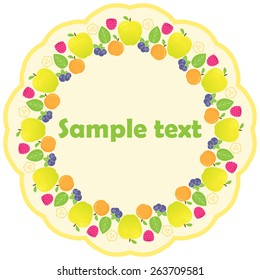 Vector fruit frames. Cute collection of wreath made of hand drawn leaves and fruits. Vintage set for invitations, postcard, save the date cards and other design. 