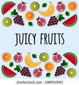 Vector fruit, fruits vector illustration set. Grape, grapes, orange, kiwi, pomegranate, watermelon, banana, bananas vector elements.