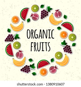 Vector fruit, fruits vector illustration set. Grape, grapes, orange, kiwi, pomegranate, watermelon, banana, bananas vector elements.
