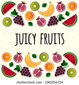 Vector fruit, fruits vector illustration set. Grape, grapes, orange, kiwi, pomegranate, watermelon, banana, bananas vector elements.