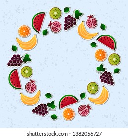 Vector fruit, fruits vector illustration set. Grape, grapes, orange, kiwi, pomegranate, watermelon, banana, bananas vector elements.