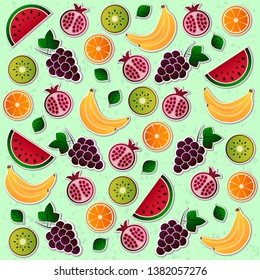 Vector fruit, fruits vector illustration set. Grape, grapes, orange, kiwi, pomegranate, watermelon, banana, bananas vector elements.