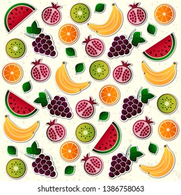 Vector fruit, fruits vector illustration set. Grape, grapes, orange, kiwi, pomegranate, watermelon, banana, bananas vector elements.
