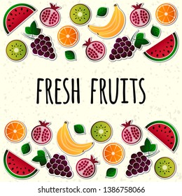 Vector fruit, fruits vector illustration set. Grape, grapes, orange, kiwi, pomegranate, watermelon, banana, bananas vector elements.