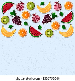 Vector fruit, fruits vector illustration set. Grape, grapes, orange, kiwi, pomegranate, watermelon, banana, bananas vector elements.
