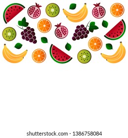 Vector fruit, fruits vector illustration set. Grape, grapes, orange, kiwi, pomegranate, watermelon, banana, bananas vector elements.