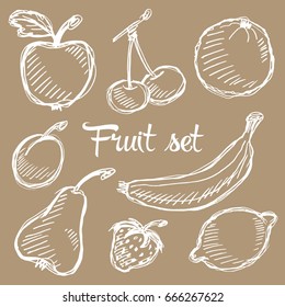 Vector fruit hand drawn set with apple, cherry, lemon, banana, strawberry, plum, pear, peach, orange. Vintage boho background texture. Good for menu and food package