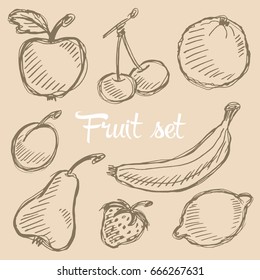 Vector fruit hand drawn set with apple, cherry, lemon, banana, strawberry, plum, pear, peach, orange. Vintage boho background texture. 