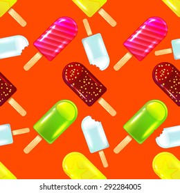 Vector fruit ice cream seamless pattern. Bright summer design illustration. Bright background.