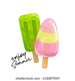 Vector fruit ice icons. Summer color dessert on a stick for street food advertising