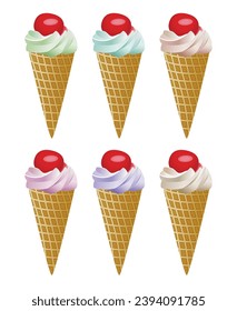 vector fruit icecream cones with cherries, collection of ice-cream in crispy wafer cones isolated on white background. 