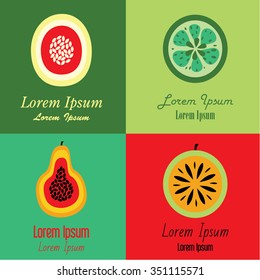 Vector fruit icons and logo design elements in trendy linear style. Fresh fruits vector concept. Healthy diet flat style illustration. Can be used in restaurant menu, cooking books, farm labels. 