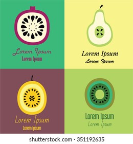Vector fruit icons and logo design elements in trendy linear style. Healthy diet flat style illustration. Isolated green food, It can be used in restaurant menu, cooking books, farm labels. 