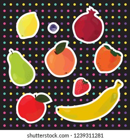Vector fruit icons on dark background.