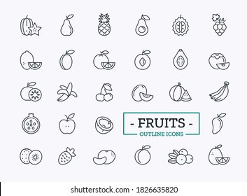 Vector Fruit icons with thin line sign of mango, durian, carambola, pineapple, papaya, pomelo, kiwi, pomegranate, persimmon