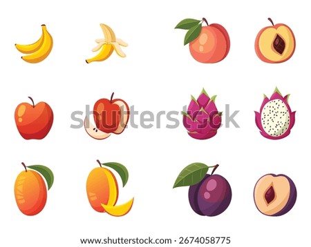 Vector fruit illustration set with bananas, apples, peaches, mangoes, dragon fruit, and plums shown as whole and sliced fruits in colorful cartoon style