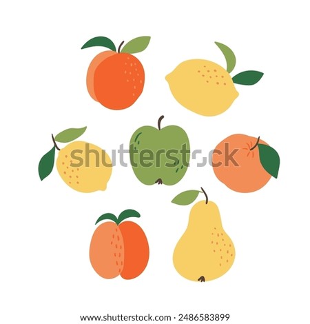 vector fruit illustration. Set of fruits - apple, pear, peach, orange and lemon. Food print for kitchen decor. Summer fresh print.